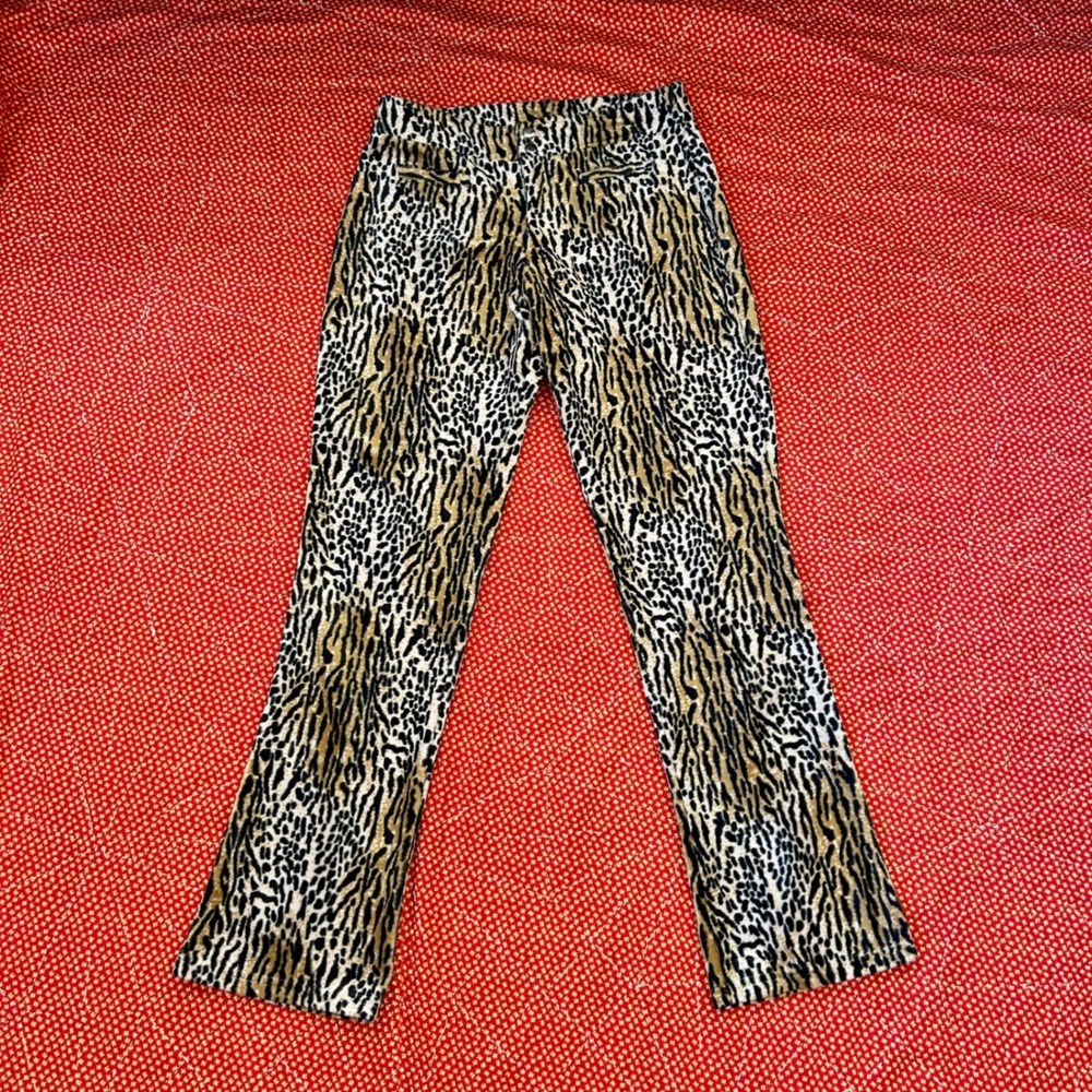 Vintage 90s Low Fat USA Leopard Tiger Print Pants Velvet Trousers Size 7/8